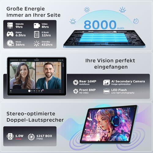 Raemond 11 Inch Android 16 Tablet Gemini AI 24GB RAM + 256GB ROM (2TB TF), 8000mAh Gaming Tablet Unisoc T7250 Octa-Core, Widevine L1.16MP + 8MP Tablets PC, 2.4G + 5G WLAN GMS/3.5mm Audio/GPS/Face ID (Blue)