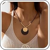 Jugielu Boho Large Round Disc Pendant Necklace Choker Black Leather Cord Hollow Mesh Statement Necklace Circle Coin Waxed Rope Chain Necklaces Jewelry for Women