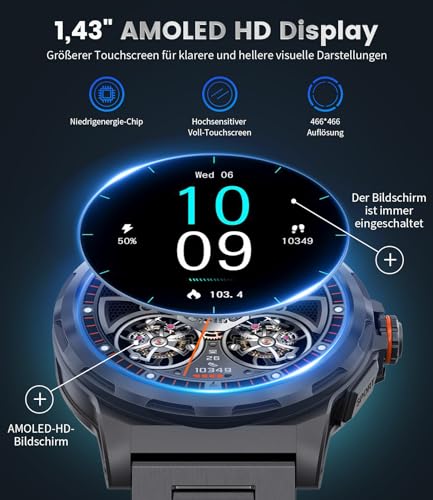 LIGE Men's Smart Watch, 1.43 Inches AMOLED for Android iOS, Black | HD-AMOLED Display, Bluetooth Calls, Health Tracking, 120+ Sports, IP68, 7 Days Battery Life, Custom Dials