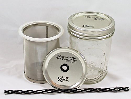 Cold Brew Coffee Maker Kit - Pint - Make Fresh Cold Brew Coffee and Tea with our Ball Mason Jar Kit with Stainless Steel Filter and Stainless Steel Ball Lid and Grommet with Black Straw (Pint)