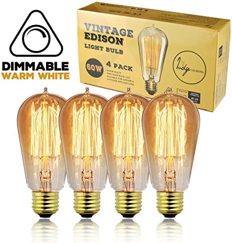 Judy Lighting - 4-Pack Vintage Edison Light Bulb Dimmable, Warm White Amber Yellow, Decorative Original Antique Style Incandescent, E26 Standard Medium Base, 60W Squirrel Cage Filament Replacement