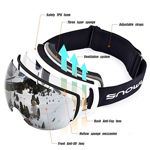 Snowledge Ski Goggles Snowboard Snow Goggles for Men Women OTG Snowboard Goggles with 100% UV Protection Anti-Fog Dual Lens Skiing Goggles Helmet Compatible