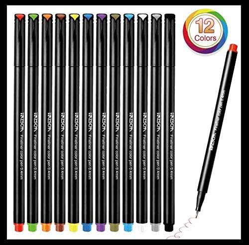 Fineliner Pen Set, 0.4 mm Fine Line Drawing Pen, 12 Colors Fine Tip Colored for Writing Markers Pens Pack of 12