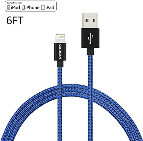 Lightning Cable, Socoman 6FT Nylon Braided iPhone Cord Charger Cable to USB Charging Cable for iPhone X/8/8 Plus/7/7 Plus/6S/6S Plus,SE/5S/5,iPad,iPod Nano 7, Blue