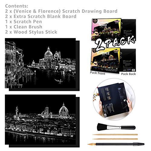 Scratch & Sketch Art Paper(16"x 11.2") for Kids & Adults, Rainbow Painting Night View Scratchboard, Painting Gift, Craft Kits : 2 Sheets Scratch Cards & Drawing Pen, Clean Brush (Florence & Venice)