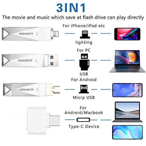 USB Flash Drive for iPhone Photo Stick USB 3.0 256GB Memory Stick for Andriod Phone Micro Thumb Drive 4in1 iOS USB Drive for iPhone X XR XS 6 6S 7 7S 8 8S iPad iOS Mac Windows Computer