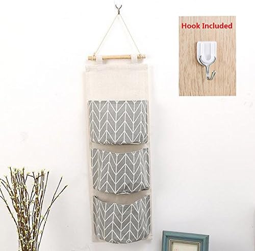 Over The Door Organizer, Linen Farbric Wall Closet Storage Bag with 3 Pockets for Bedroom, Bathroom (Grey)