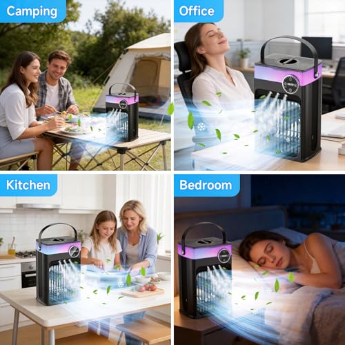 Portable Air Conditioners, Upgraded 4 in 1 Evaporative Air Cooler with 1200ML Tank, Queit Cooling Fan with Remote Control, 2-8H Timer, 3 Modes & 8 Lights, Personal AC Unit for Bedroom and Camping