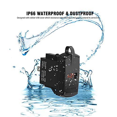 12V/24V USB Charger Socket Rocker Switch Dual USB Car Power Outlet with Red LED Voltmeter Marine Cigarette Lighter Adapter Waterproof 4.2A Fast Charge for Boat Motorcycle ATV RV Truck