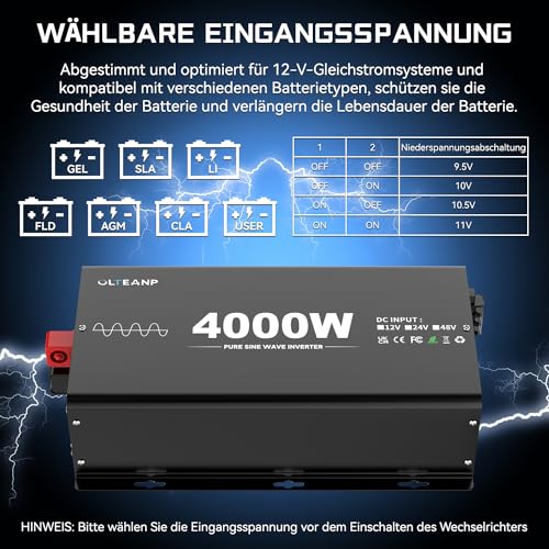 OLTEANP 4000W Pure Sine Wave Inverter 12V to 230V Car Voltage Converter with LCD Screen Remote Control, 2 AC Sockets, USB and Type-C Port Solar Power Inverter for Caravans, Boats