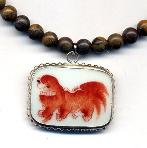 Jasper Necklace, Porcelain Foo Dog Pendant Necklace, Shiatsu Dog Neckalce, Red Dog Jasper Necklace by AnnaArt72