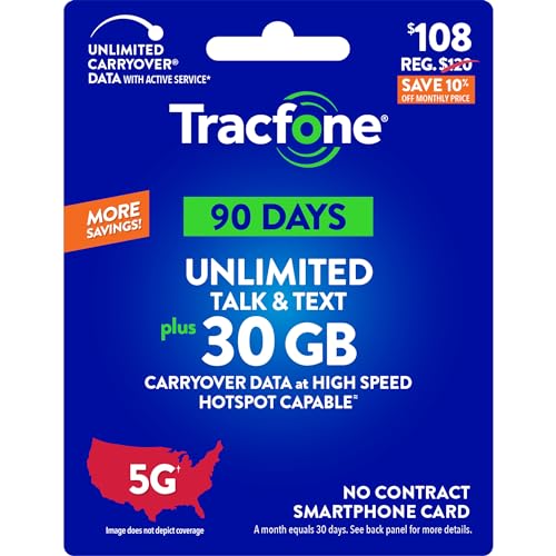 Tracfone $108 Unlimited Talk & Text Plus 30 GB of Data 90-Day Prepaid Plan(Physical Delivery)