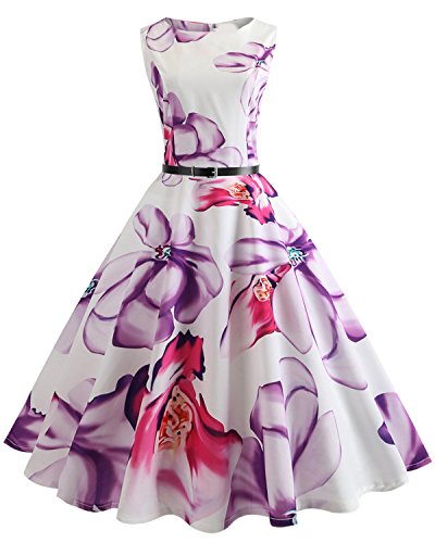 ZAFUL Women’s 50s Vintage Summer Dress Boat Neck Sleeveless Floral Tea with Belt Cocktail Party A-Line Midi Dr