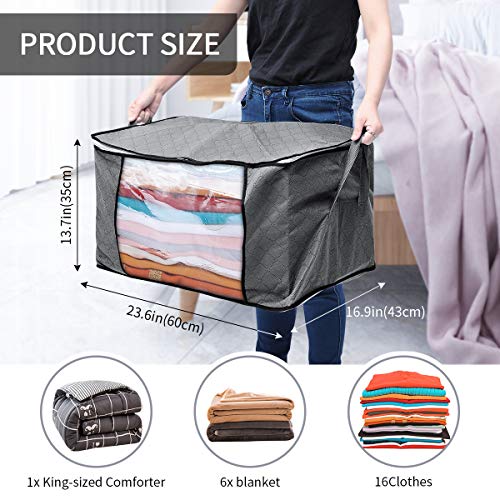 king do way Clothes Storage Bags 23.6" x 16.9" x 13.7" Large Capacity 4Pack Comforter Storage Bags with Strengthen Handle, Clear Window, Zipper for Clothes, Blankets, Closets, Bedrooms, 90L