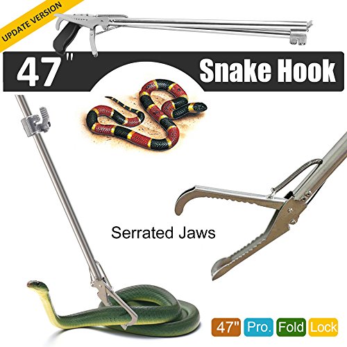 Fnova Upgraded 47 Inch Professional Collapsible Snake Tongs Reptile Catcher Stick Rattlesnake Grabber Pick-up Handling Tool, with Zigzag Wide Jaw, Stainless Steel (Silver)