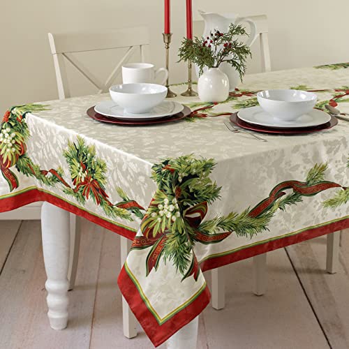 Benson Mills Christmas Ribbons Engineered Printed Fabric Table Cloth