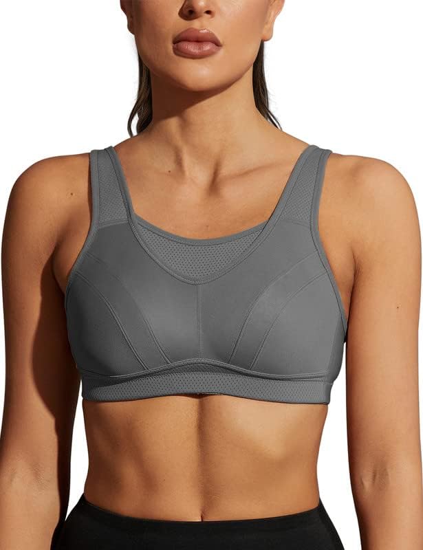 WingsLove High Impact Sports Bra Full Coverage Wirefree Gray Plus Size