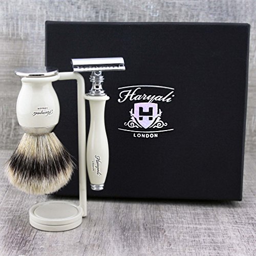 Haryali London Shaving Kit Double Edge Safety Razor with Silver Tip Badger Hair Brush and Stainless Steel Stand Perfect Set for Men