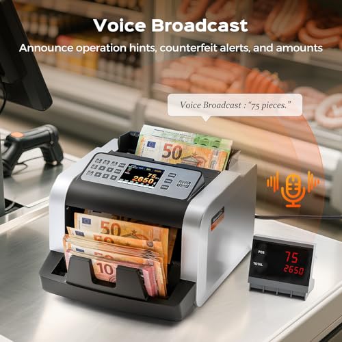 Bonvoisin Professional Banknote Counter, Value Counting for Mixed Euro Banknotes, Money Counter Machine with UV/MG/IR Detection, 1000 Pieces/Min, Banknote Counter with External Display