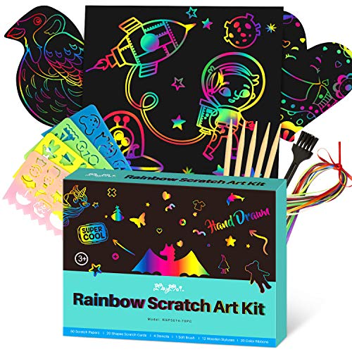 MayMoi Scratch Paper Art Set 107 Pcs Rainbow Magic Scratch Paper Crafts Arts Supplies Kits for
