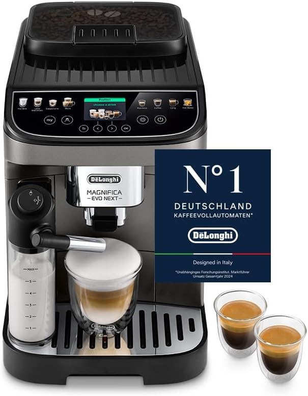 Magnifica Evo Next ECAM312.80.TB, Macchina Caffè Automatica con Monta Latte Automatico, Macchina Caffè Chicchi per Caffè e Cappuccino con Display Touch Intuitivo, 1450W, Nero/Titanio