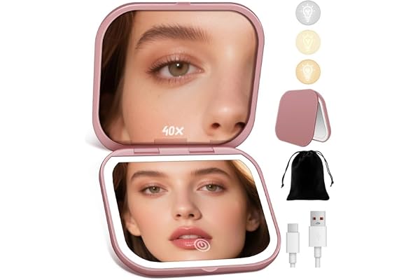 SisKokoro Magnifying Mirror with Light, Rechargeable 40X Compact Mirror with 3 Lighting Modes & Dimmable Brightness, Portable