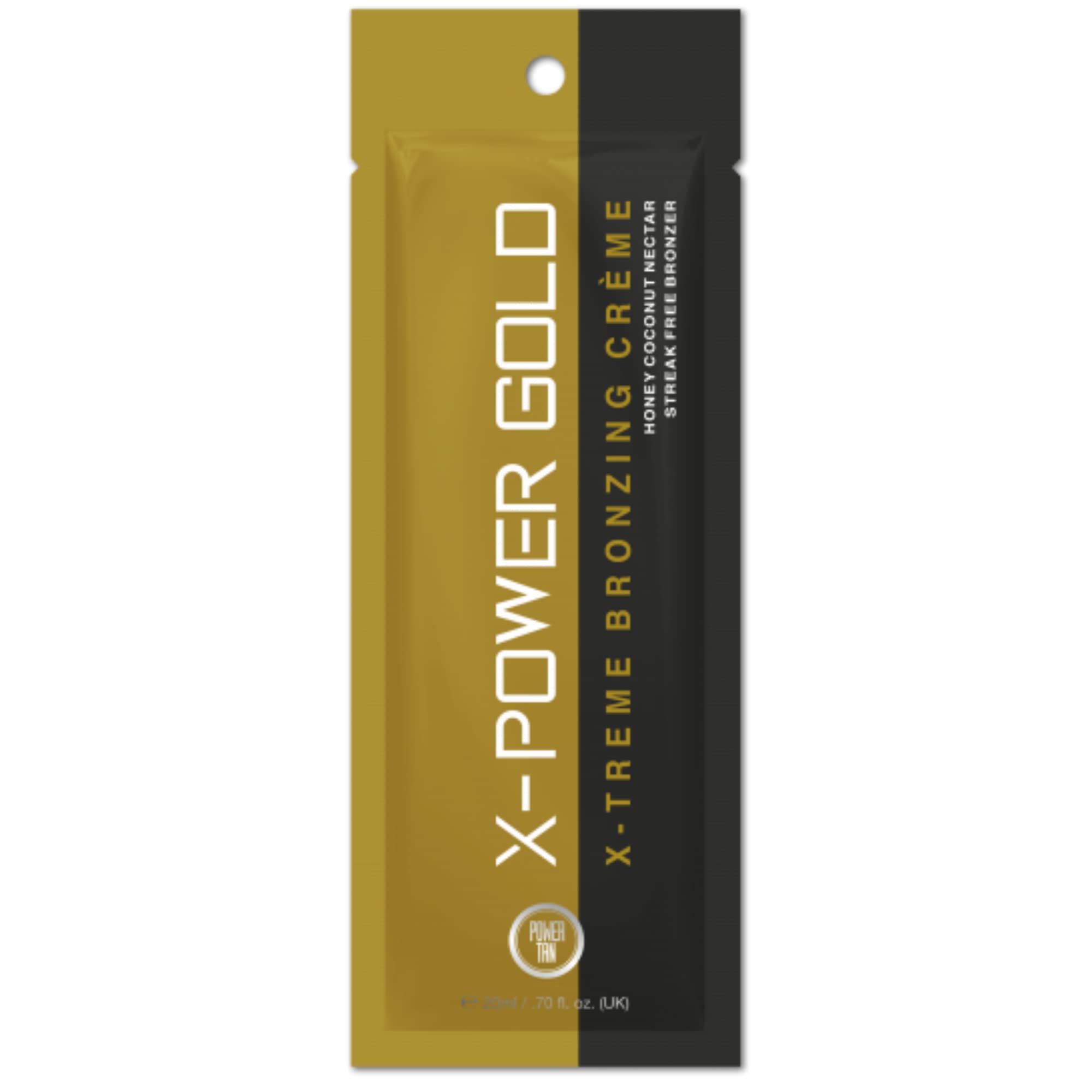 Power Tan X-Power GOLD Bronzing Non Tingle Sunbed Tanning Accelerator Cream 20ml Sachet Vitamin E, Hemp Hydration, Natural Streak-Free Bronzers for Deep Dark Tanning, DHA Free, Honey Coconut Fragrance