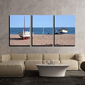 3 Piece Canvas Wall Art - Sandy Beach and The Waves of The Mediterranean Sea - Modern Home Art Stretched and Framed Ready to Hang - 16"x24"x3 Panels
