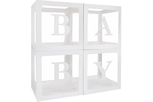 RUBFAC Baby Boxes with 4 Sets of Letters for Baby Shower, Clear Baby Shower Block Boxes with 16 Letters for Gender Reveal Decorations Birthday Party (4pcs White)