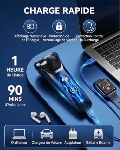 Rasoir Électrique Homme avec Écran LCD, 4D Tête Flottante, IPX7 Étanche pour Rasage Sec et Humide, Rasoir Barbe Homme Rechargeable USB avec Tondeuse Rétractable, Rasoir Sans Fil (Bleu Dégradé)