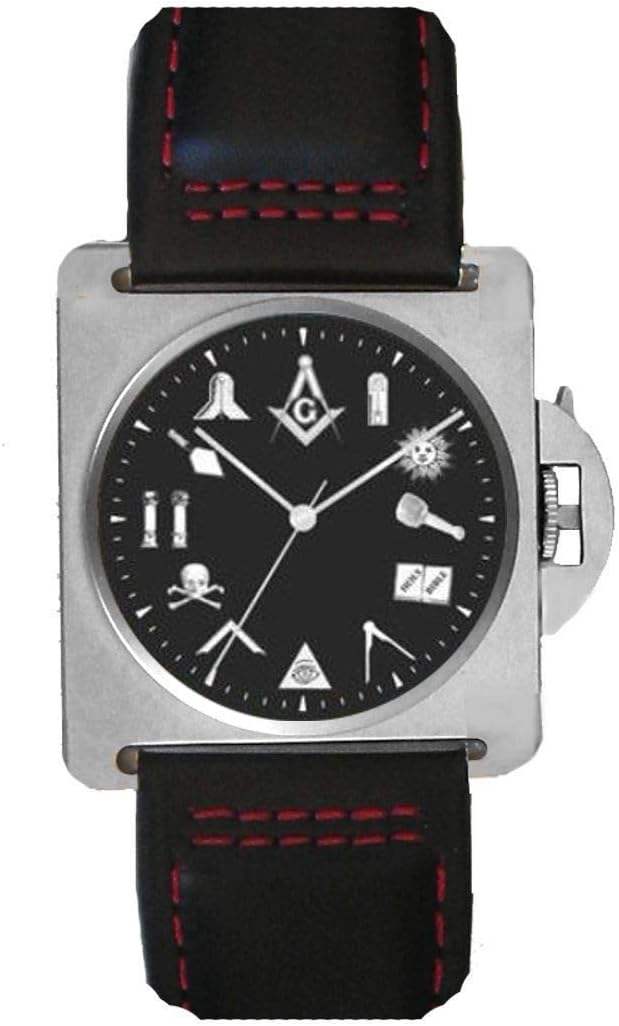 "The Classic" Masonic Emblem Black Dial Watch Has 316L Stainless Steel Case & Brown Leather Strap