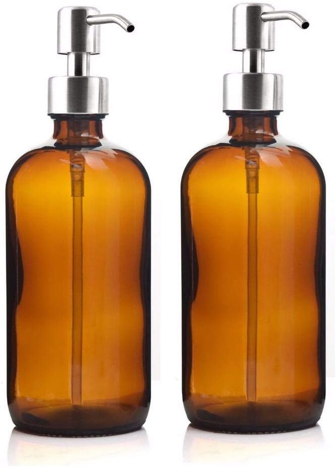 LIUJUAN Spray Bottle 16 Oz Large 500Ml Liquid Soap Dispenser Amber Glass Pump Bottle With Stainless Steel Lotion Pump For Homemade Lotions Detergent-500Ml_Amber Glass