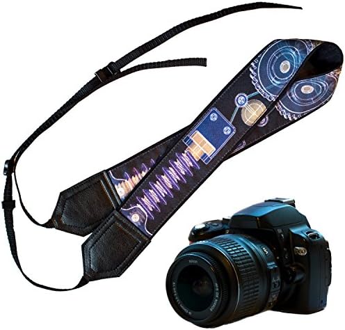 Original design camera strap. Abstract blue DSLR / SLR Camera Strap with sprockets. Durable, light weight and well padded camera strap. code 00099