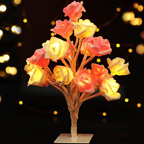 BRIGHT ZEAL LED Rose Tree Table Lamp with Timer (10" Tall, Batteries Included) - Christmas Decorations LED Rose Lights - Desk Top Tree Light LED Bonsai Tree - Home Decor Lights Artificial Plants