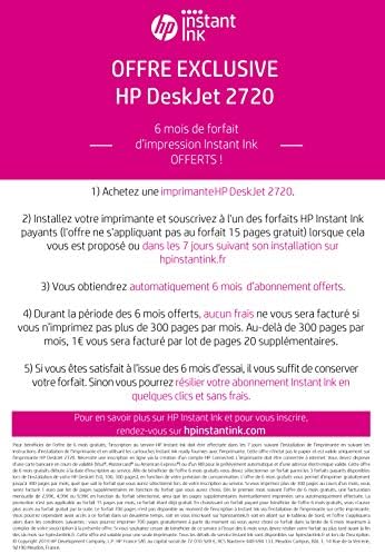 HP Deskjet 2720 Imprimante Tout-en-Un Jet d'Encre Couleur et Noir/Blanc (A4, Wifi, Bluetooth, HP Smart, Impression, Copie, Numérisation, 6 mois de forfait Instant Ink inclus avec l'imprimante)