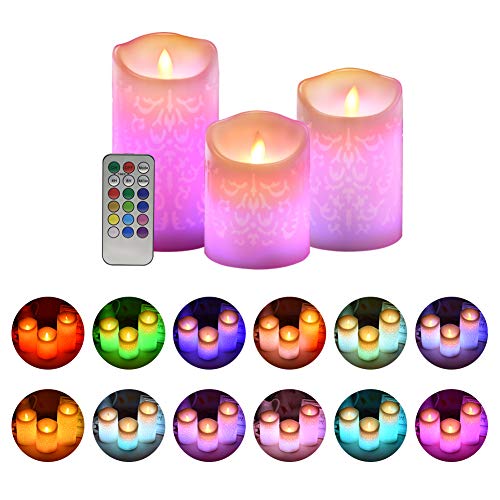 ACROSS Flickering Flameless Candles, Set of 3 Real Wax Color Changing LED Pillar Candles Battery