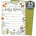 Woodland Baby Shower Invitations with Owl and Forest Animals. Set of 25 Fill-in Style Blank Cards and Envelopes. Unisex design suitable for boy or girl.