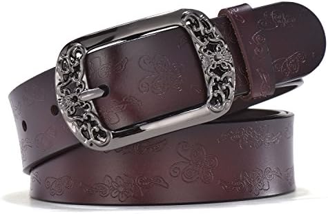 Vintage Genuine Leather Belts for Women with Embossed Pin Buckle for Western Cowgirl Jeans Dresses Pants Plus Size