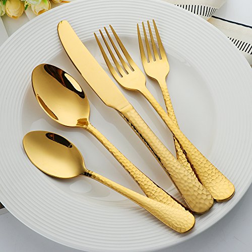 Buyer Star 5-Pieces Flatware Set, Gold Silverware Utensils Stainless Steel Reusable Wedding Dinnerware Cutlery Set, Dessert Spoon Teaspoon Table Knife and Fork - Thumbnail 2