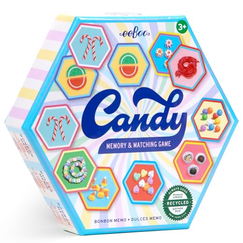eeBoo: Memory & Matching Game- Candy- 18 Hexagon-Shaped Illustrated Matching Pairs, Sweets Themed, Concentration Tile Game, Kids Age 3+, 1-4 Players
