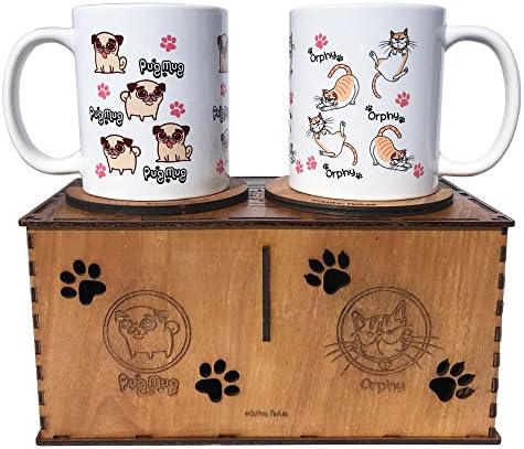 Funny Mug Set - Pug Mug and Orphy Cat. Two 11 ounce Lovable Funny Mugs with Handcrafted Wooden Casing Box and Coasters. Share the Laughter and Smiles for any Occasion.