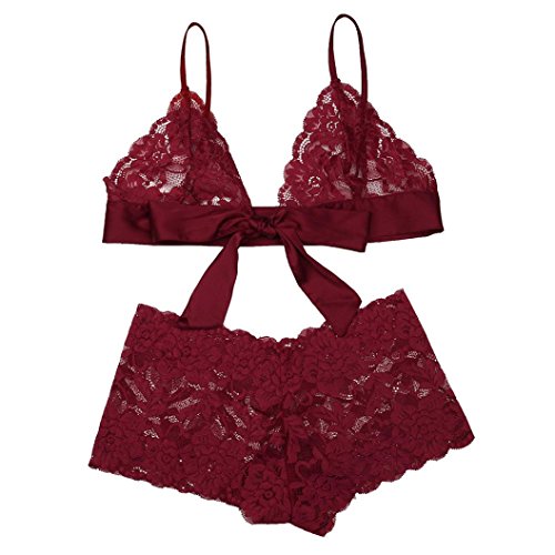 Gocheaper Women Sexy Lace Halter Sexy Lingerie,Flowers Bandage Bow Push Up Top Bra Pants Underwear Set (L)