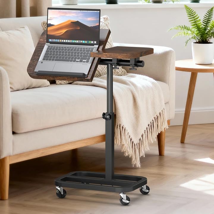 Photo 1 of alentar Large-Size Portable Laptop Rolling Desk with Wheels, Adjustable Height and Tilt Top Stable Mobile Over-Bed Table for Home Use - Brown