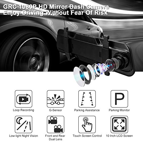 Backup Camera, 10Inch 1080P HD Mirror Dash Camera, Rear View Front and Rear Dual Lens with Loop Record, G-Sensor, 1080P Waterproof Reversing Assistance Camera, Parking Monitor, Night Vision [GRC] - Thumbnail 2