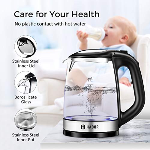 Habor Electric Kettle(BPA Free), 2L Glass Electric Tea Kettle, Cordless with LED Indicator, Water Boiler with Boil-Dry Protection, Stainless Steel Inner Lid & Bottom