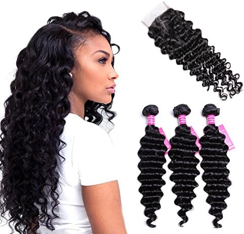 VRVOGUE (20 22 24+18 Inch) Brazilian Deep Wave 3 Bundles with Closure 100% Human Hair 7A Unprocessed Brazilian Virgin Hair 4x4 Free Part Lace Closure Natural Color Hair Weave Human Hair Extensions