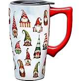 Spoontiques Gnomes Ceramic Travel Coffee Mug with Lid and Handle - Spill Proof Lid - Double Walled Mug for Hot and Cold Beverages - Microwave and Dishwasher Safe