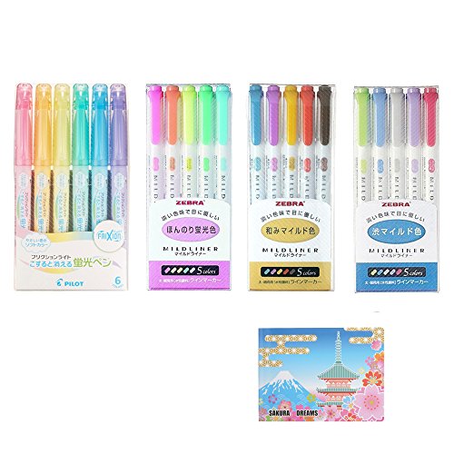 Zebra Double-Sided Highlighter MILDLINER SPECIAL SET (D-set) 3 Packs 15 Colours (WKT7-5C , WKT7-5C-RC , WKT7-5C-NC) , Pilot Frixion Light 6 Soft Color Erasable Pen Set (SFL-60SL-6CS) , Sticky notes