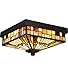 Quoizel Inglenook 2-Light Flush Mount Ceiling Light, Handcrafted Geometric Orange, Yellow, and Brown Tiffany Art Glass in Flush Ceiling Light, Valiant Bronze Finish for Elegant Interior Lighting