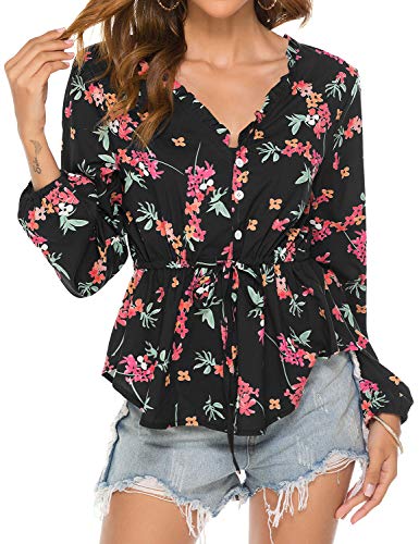 Floral Print Long Sleeves V Neck Chiffon Slim Shirt Tunic Tops Blouse for Women Black